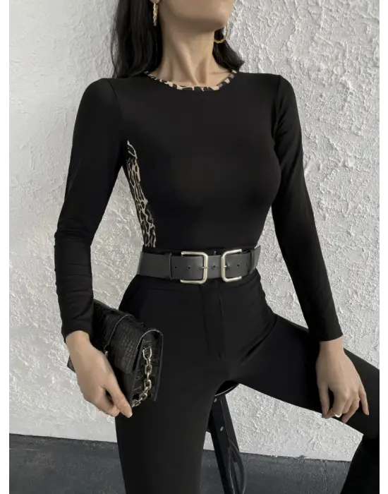 Kadın Uzun Kollu Leopar şeritli Viskon Bluz