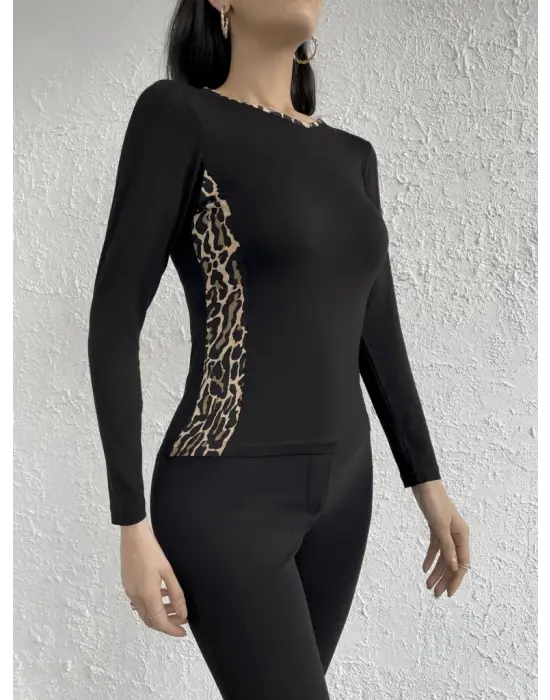 Kadın Uzun Kollu Leopar şeritli Viskon Bluz