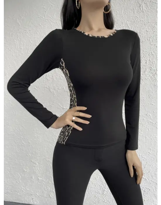 Kadın Uzun Kollu Leopar şeritli Viskon Bluz