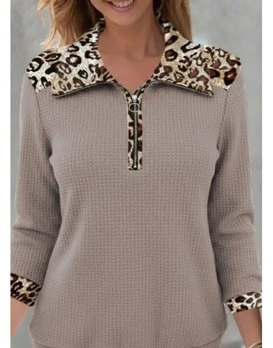 İddialı Leopar Yakalı Waffle Bluz