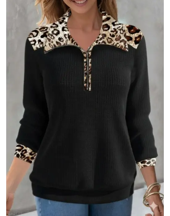 Kadın Uzun Kollu Leopar Yakalı Fermuarlı Waffle Bluz