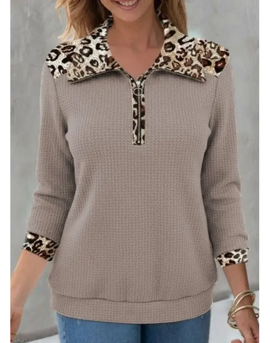 Kadın Uzun Kollu Leopar Yakalı Fermuarlı Waffle Bluz