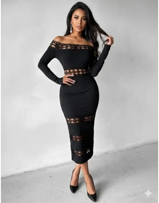 Kadın Uzun Kollu Madonna Dantel Yaka Yırtmaçlı Midi Dalgıç Elbise