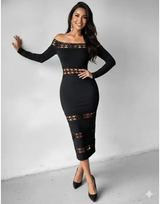 Kadın Uzun Kollu Madonna Dantel Yaka Yırtmaçlı Midi Dalgıç Elbise