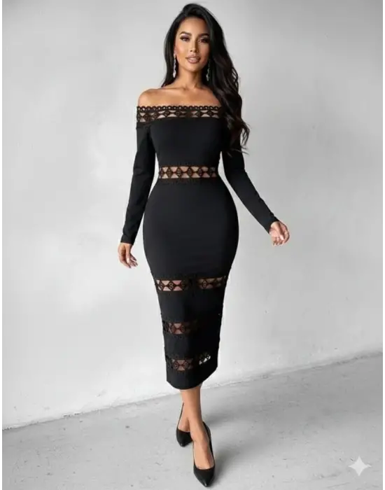 Kadın Uzun Kollu Madonna Dantel Yaka Yırtmaçlı Midi Dalgıç Elbise