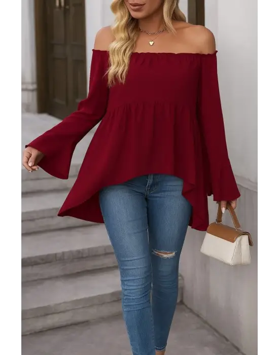 Kadın Uzun Kollu Madonna Yaka Asimetrik Detaylı Kolları Ispanyol Viskon Bluz