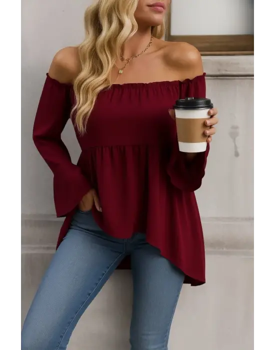 Kadın Uzun Kollu Madonna Yaka Asimetrik Detaylı Kolları Ispanyol Viskon Bluz