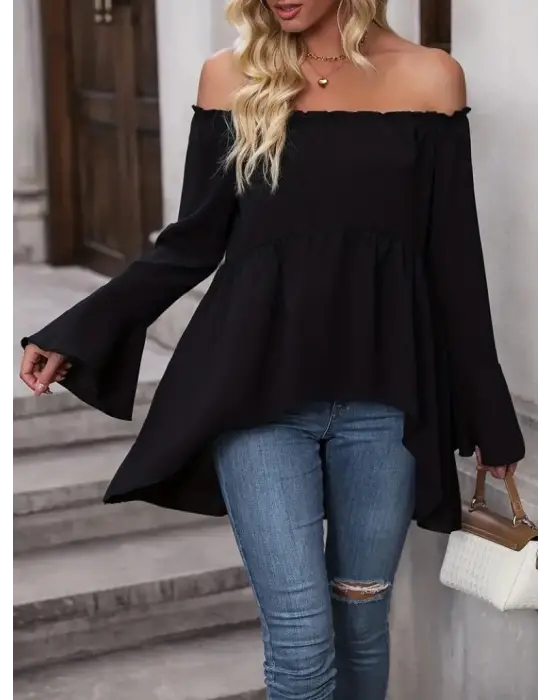 Kadın Uzun Kollu Madonna Yaka Asimetrik Detaylı Kolları Ispanyol Viskon Bluz