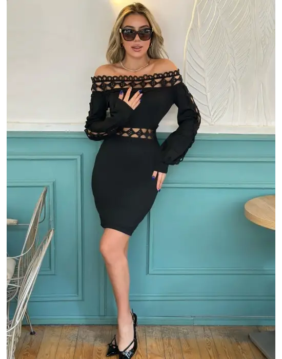 Kadın Uzun Kollu Madonna Yaka Kol Yaka Bel Dantel Detay şardonlu Dalgıç Elbise