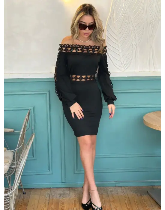 Kadın Uzun Kollu Madonna Yaka Kol Yaka Bel Dantel Detay şardonlu Dalgıç Elbise