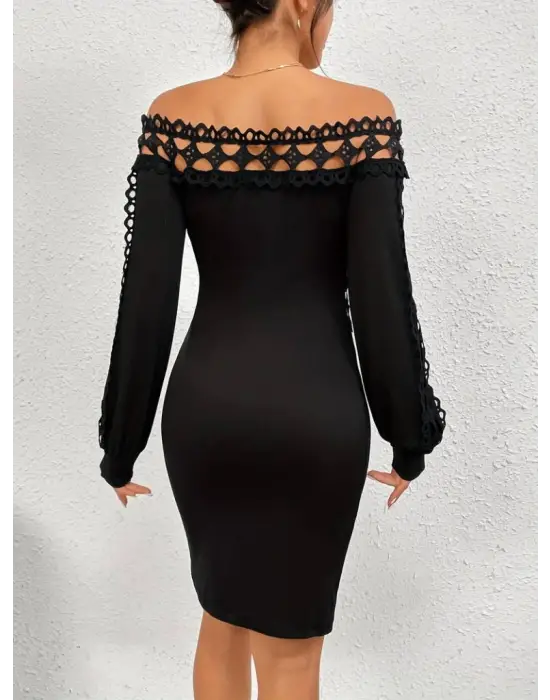 Kadın Uzun Kollu Madonna Yaka Kol Yaka Bel Dantel Detay şardonlu Dalgıç Elbise