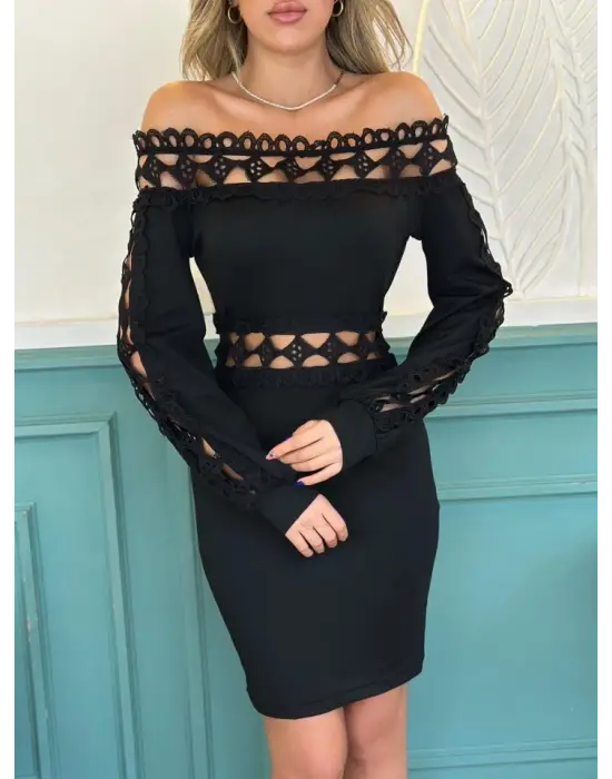 Kadın Uzun Kollu Madonna Yaka Kol Yaka Bel Dantel Detay şardonlu Dalgıç Elbise