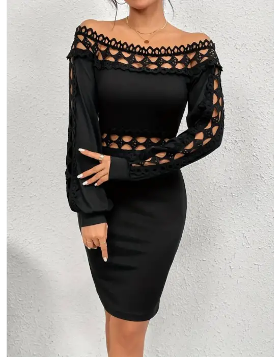 Kadın Uzun Kollu Madonna Yaka Kol Yaka Bel Dantel Detay şardonlu Dalgıç Elbise