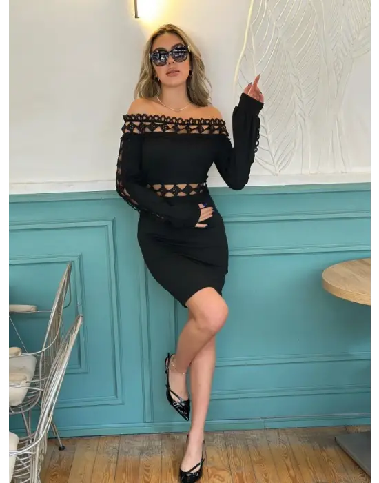 Kadın Uzun Kollu Madonna Yaka Kol Yaka Bel Dantel Detay şardonlu Dalgıç Elbise