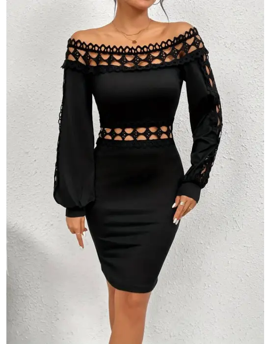 Kadın Uzun Kollu Madonna Yaka Kol Yaka Bel Dantel Detay şardonlu Dalgıç Elbise