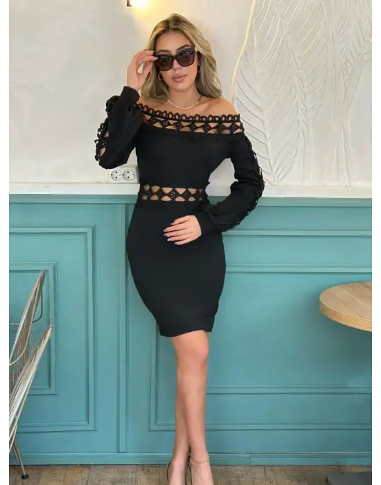 Kadın Uzun Kollu Madonna Yaka Kol Yaka Bel Dantel Detay şardonlu Dalgıç Elbise