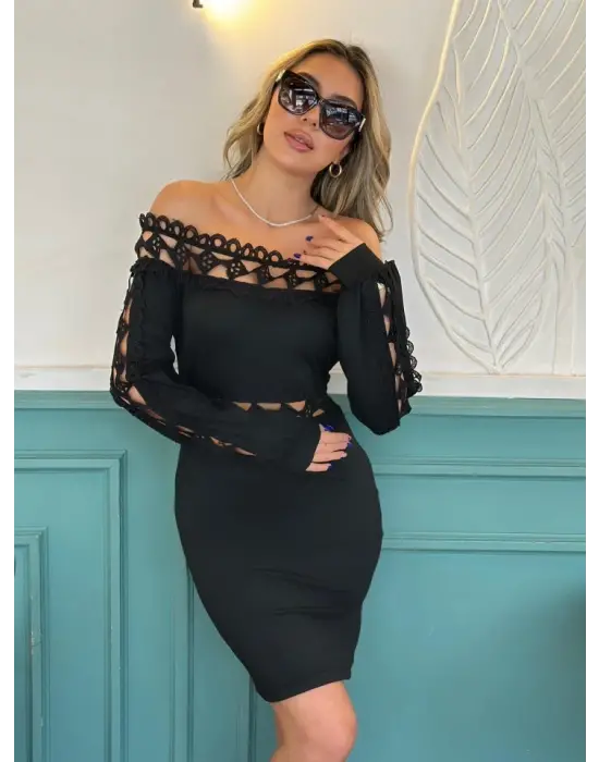 Kadın Uzun Kollu Madonna Yaka Kol Yaka Bel Dantel Detay şardonlu Dalgıç Elbise