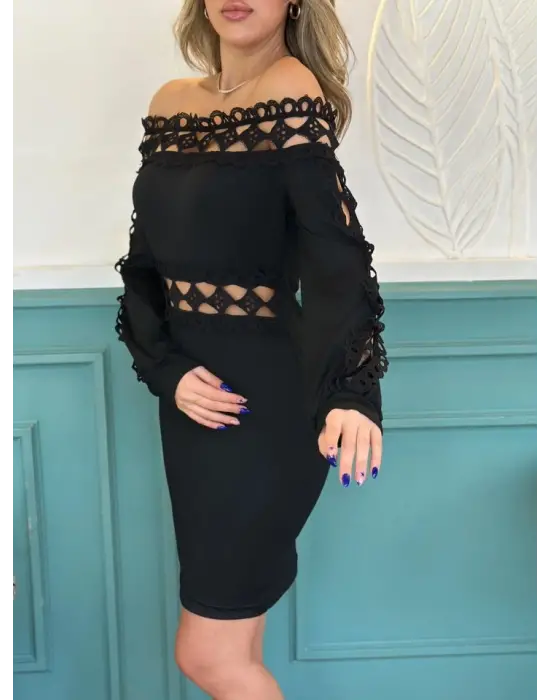 Kadın Uzun Kollu Madonna Yaka Kol Yaka Bel Dantel Detay şardonlu Dalgıç Elbise