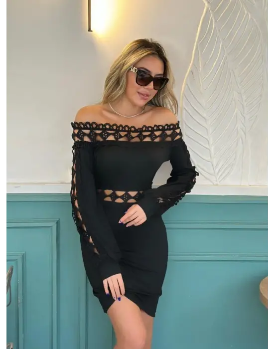 Kadın Uzun Kollu Madonna Yaka Kol Yaka Bel Dantel Detay şardonlu Dalgıç Elbise