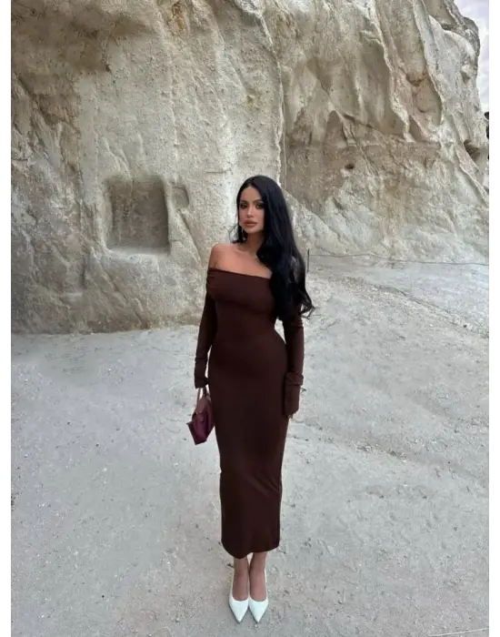 Kadın Uzun Kollu Madonna Yaka Midi Boy Elbise