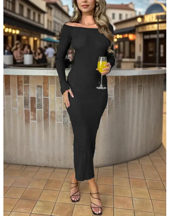 Kadın Uzun Kollu Madonna Yaka Parmak Geçmeli Detay Kaşkorse Elbise