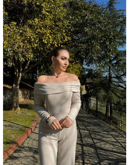 Kadın Uzun Kollu Madonna Yaka şardonlu Kaşkorse Tulum