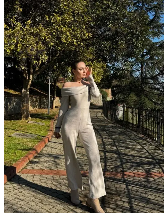 Kadın Uzun Kollu Madonna Yaka şardonlu Kaşkorse Tulum