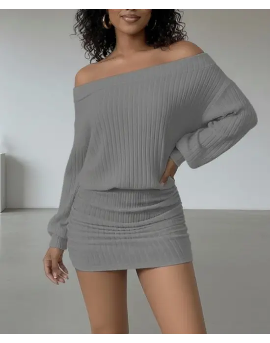 Kadın Uzun Kollu Madonna Yaka Yanlardan Büzgülü şardonlu Kaşkorse Mini Elbise