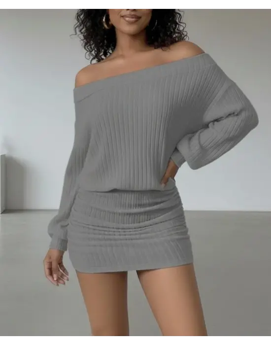 Kadın Uzun Kollu Madonna Yaka Yanlardan Büzgülü şardonlu Kaşkorse Mini Elbise