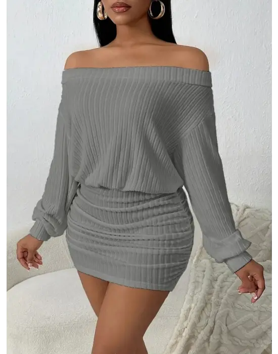 Kadın Uzun Kollu Madonna Yaka Yanlardan Büzgülü şardonlu Kaşkorse Mini Elbise