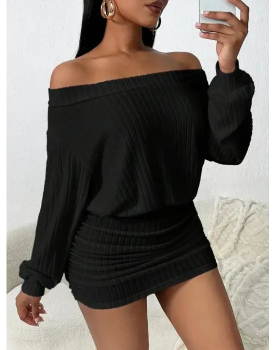 Kadın Uzun Kollu Madonna Yaka Yanlardan Büzgülü şardonlu Kaşkorse Mini Elbise