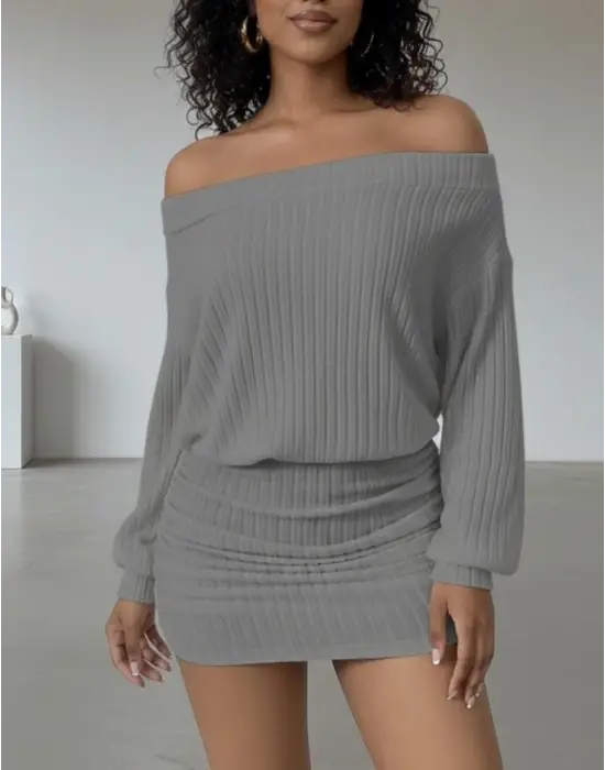 Kadın Uzun Kollu Madonna Yaka Yanlardan Büzgülü şardonlu Kaşkorse Mini Elbise