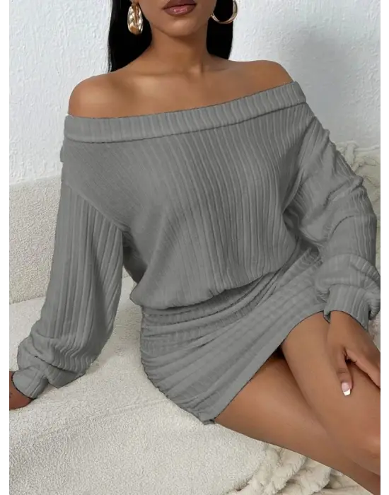 Kadın Uzun Kollu Madonna Yaka Yanlardan Büzgülü şardonlu Kaşkorse Mini Elbise