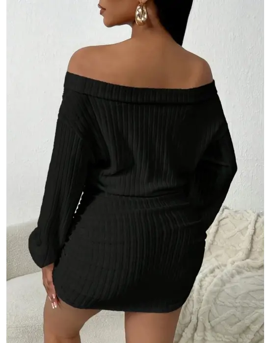 Kadın Uzun Kollu Madonna Yaka Yanlardan Büzgülü şardonlu Kaşkorse Mini Elbise