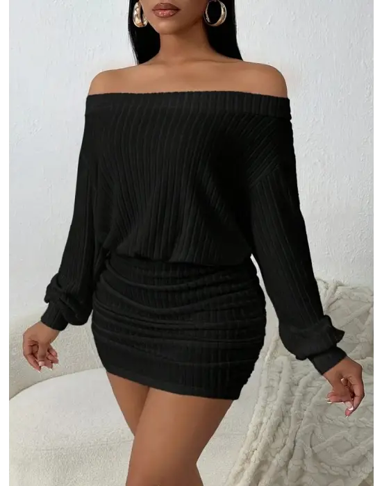 Kadın Uzun Kollu Madonna Yaka Yanlardan Büzgülü şardonlu Kaşkorse Mini Elbise