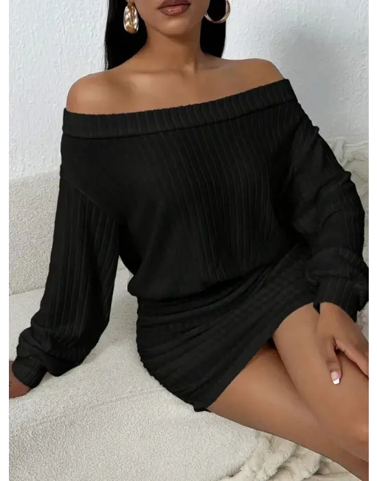 Kadın Uzun Kollu Madonna Yaka Yanlardan Büzgülü şardonlu Kaşkorse Mini Elbise