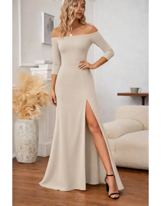 Kadın Uzun Kollu Madonna Yakalı Yırtmaç Detaylı Uzun Ithal Krep Elbise