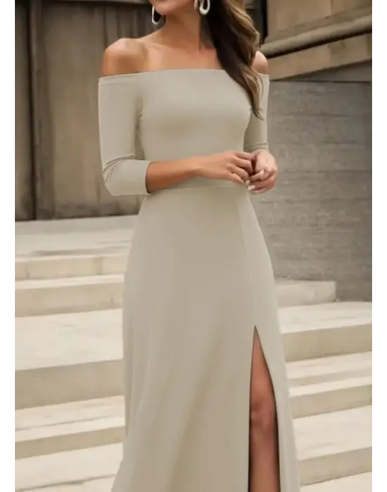 Kadın Uzun Kollu Madonna Yakalı Yırtmaç Detaylı Uzun Ithal Krep Elbise