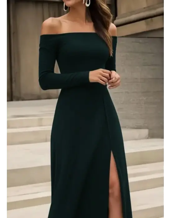 Kadın Uzun Kollu Madonna Yakalı Yırtmaç Detaylı Uzun Ithal Krep Elbise