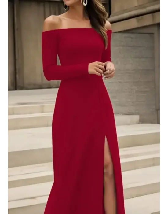 Kadın Uzun Kollu Madonna Yakalı Yırtmaç Detaylı Uzun Ithal Krep Elbise