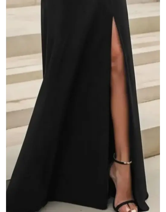 Kadın Uzun Kollu Madonna Yakalı Yırtmaç Detaylı Uzun Ithal Krep Elbise