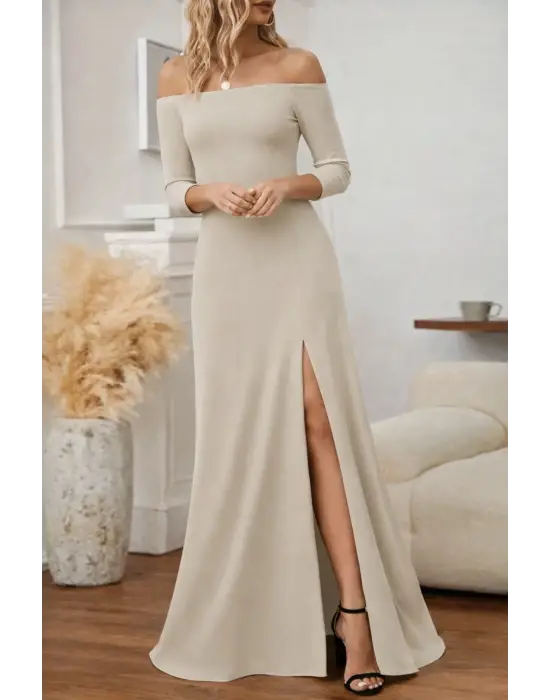 Kadın Uzun Kollu Madonna Yakalı Yırtmaç Detaylı Uzun Ithal Krep Elbise