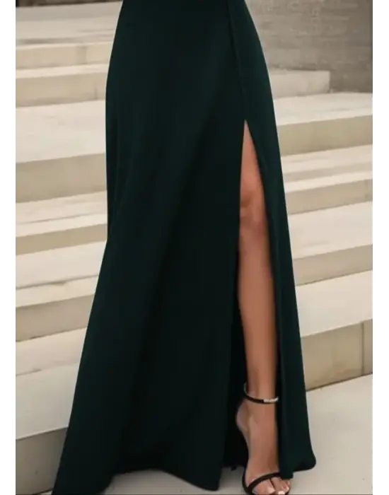 Kadın Uzun Kollu Madonna Yakalı Yırtmaç Detaylı Uzun Ithal Krep Elbise