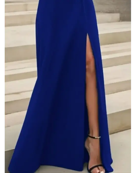 Kadın Uzun Kollu Madonna Yakalı Yırtmaç Detaylı Uzun Ithal Krep Elbise