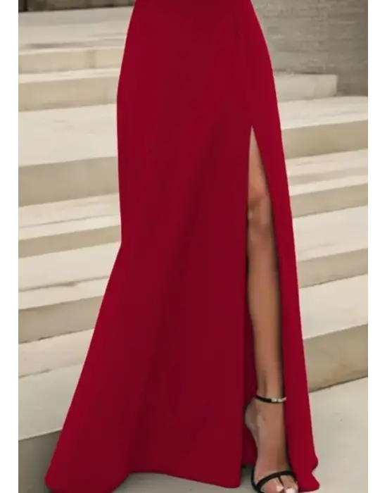 Kadın Uzun Kollu Madonna Yakalı Yırtmaç Detaylı Uzun Ithal Krep Elbise