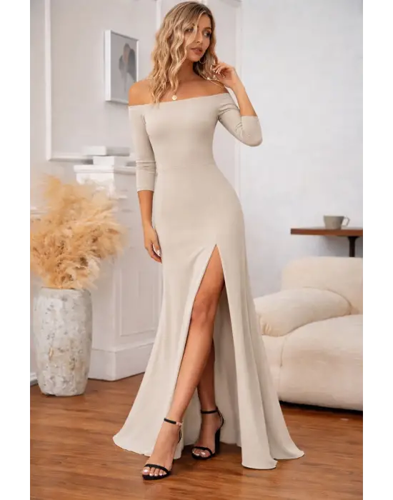 Kadın Uzun Kollu Madonna Yakalı Yırtmaç Detaylı Uzun Ithal Krep Elbise