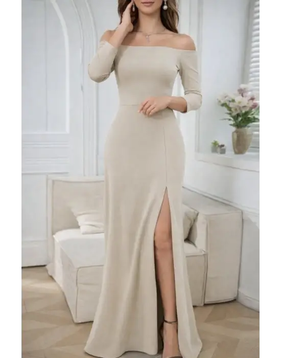 Kadın Uzun Kollu Madonna Yakalı Yırtmaç Detaylı Uzun Ithal Krep Elbise