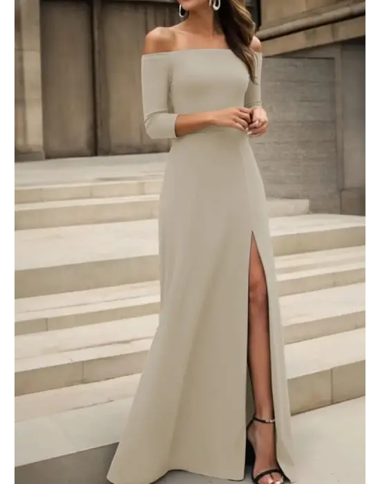 Kadın Uzun Kollu Madonna Yakalı Yırtmaç Detaylı Uzun Ithal Krep Elbise