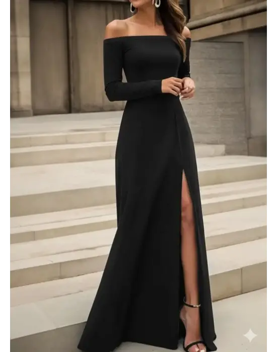 Kadın Uzun Kollu Madonna Yakalı Yırtmaç Detaylı Uzun Ithal Krep Elbise