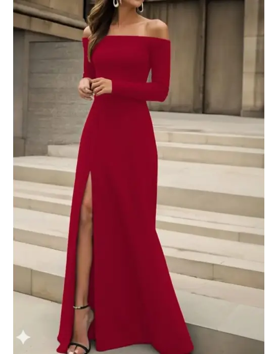 Kadın Uzun Kollu Madonna Yakalı Yırtmaç Detaylı Uzun Ithal Krep Elbise